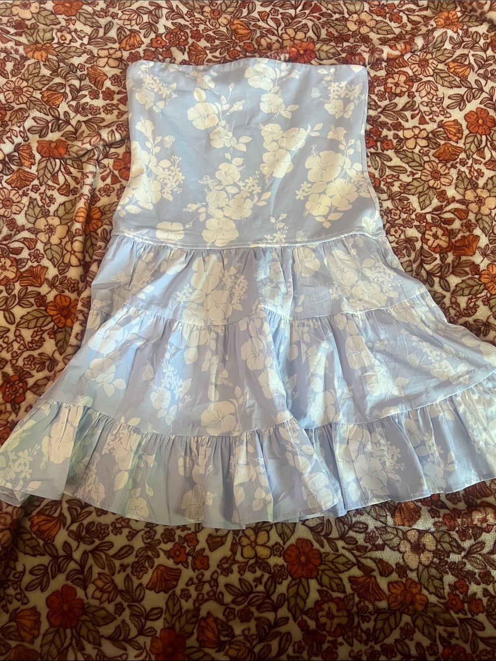 Aeropostale Light Blue and White Floral Strapless Tiered Dress